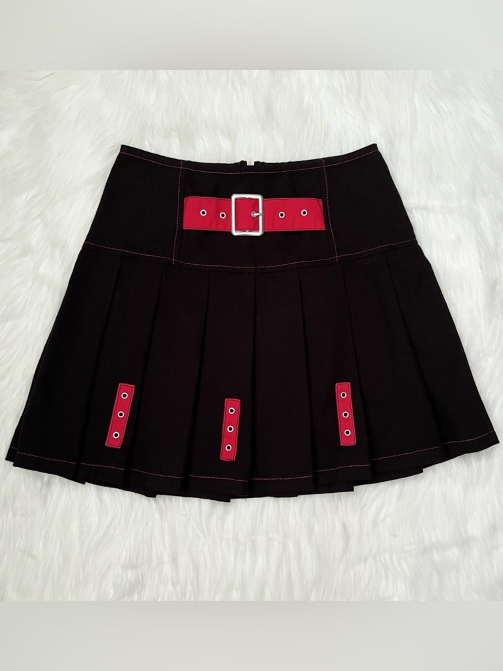 Royal Bones By Tripp Black Pleated Mini Skirt With Buckle & Red Accents